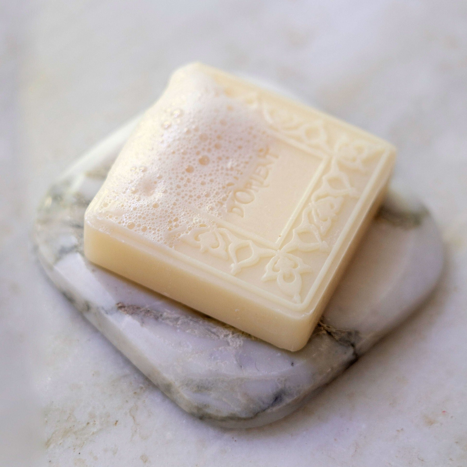 White marble soap dish with Orange Blossom Ma'amoul hand soap - luxury bathroom accessory and artisan soap set